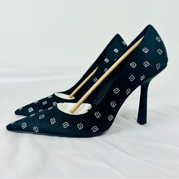 Alexander Wang Delphine Black Satin Crystal Logo Stiletto Pumps Heels 4” 39.5 - Picture 4 of 16